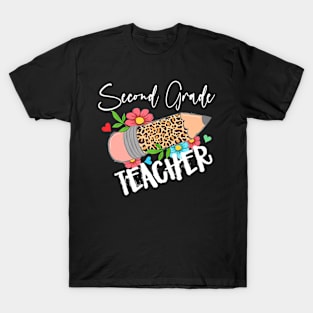 Second Grade Teacher Leopard Pencil 2nd Grade Women Teacher T-Shirt